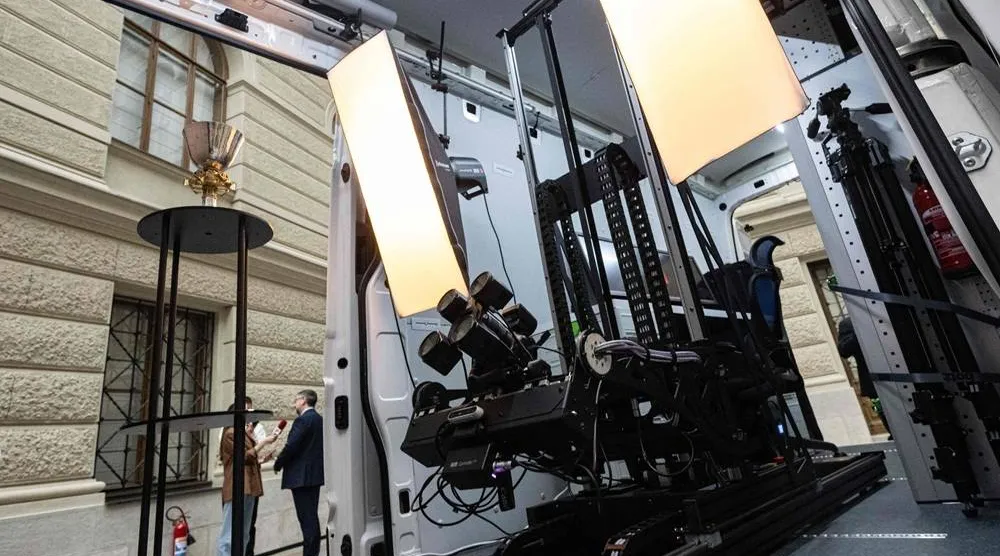 A photo taken in Prague's National Museum shows a 3D scanner in the Archa III (Ark Project) truck on March 24, 2026 in Prague, Czech Republic. (AFP)