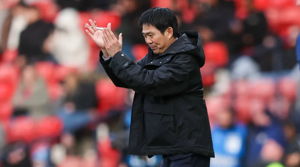 Hajime Moriyasu head coach of Japan gestures during the international friendly soccer match between Scotland and Japan in Glasgow, Britain, 28 March 2026. (EPA) 
