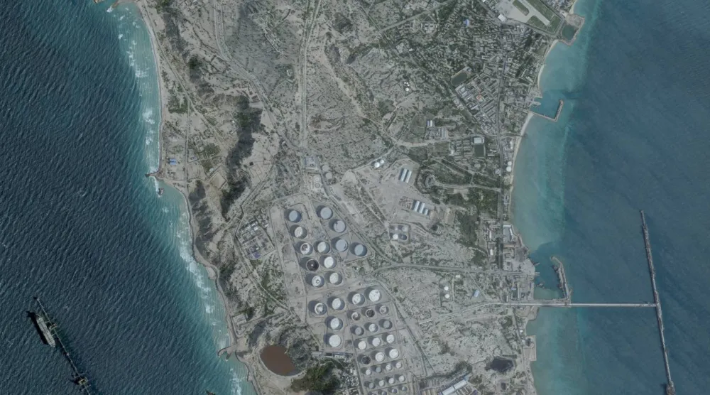 FILE PHOTO: A satellite image shows an oil terminal at Kharg Island, Iran, February 25, 2026. 2026 Planet Labs PBC/Handout via REUTERS 