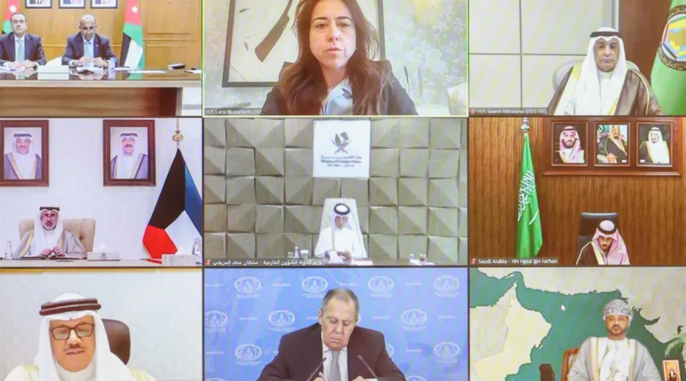 جانب من الاجتماع الوزاري الخليجي الأردني الروسي المشترك عبر الاتصال المرئي (مجلس التعاون)