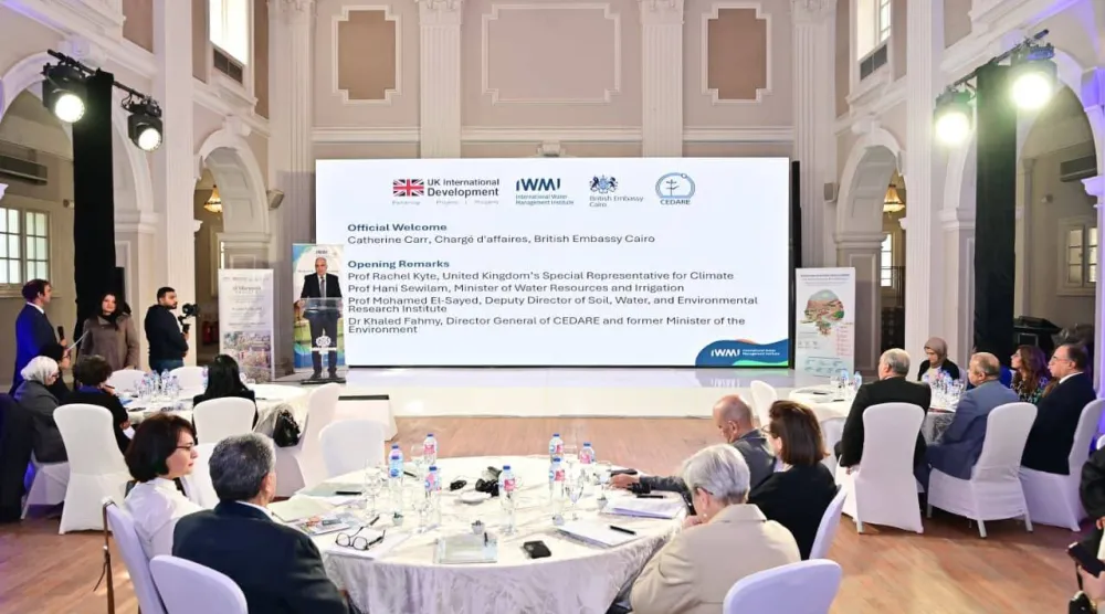 وزير الري المصري خلال حفل مشروع «المرونة المائية» بالسفارة البريطانية في القاهرة الثلاثاء (مجلس الوزراء المصري)