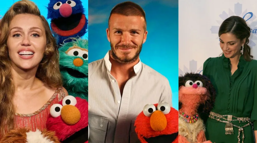 الملكة رانيا وديفيد بيكهام ومايلي سايرس مع شخصيات من «شارع سمسم» (موقع البرنامج)