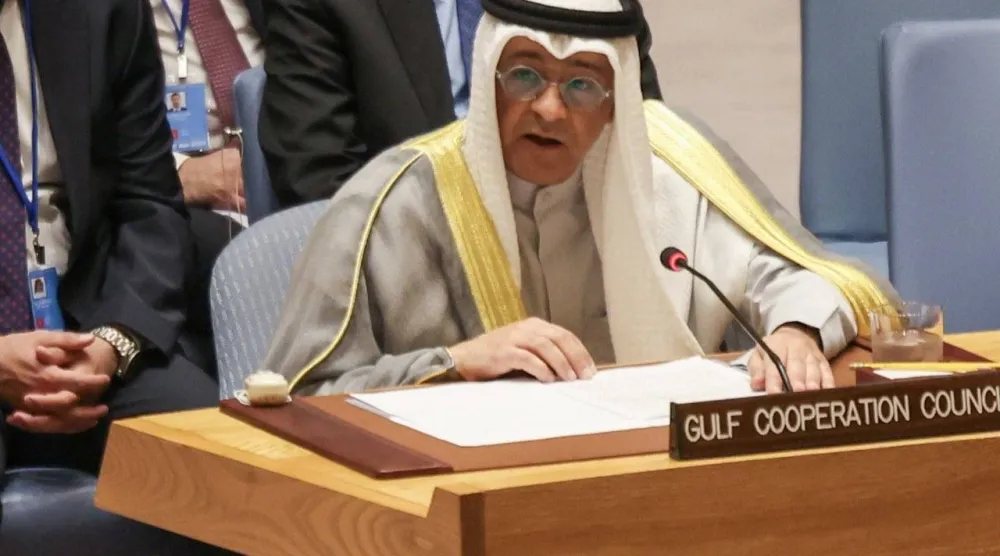 جاسم البديوي خلال تقديمه إحاطة رفيعة المستوى بمجلس الأمن الدولي في نيويورك الخميس (مجلس التعاون الخليجي)