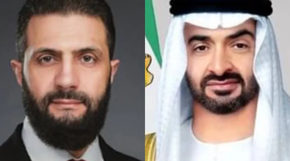 الشيخ محمد بن زايد آل نهيان رئيس دولة الإمارات مع أحمد الشرع الرئيس السوري (وام)