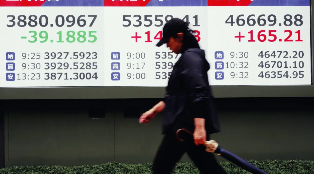 سيدة تمر أمام شاشة تعرض حركة الأسهم في وسط العاصمة اليابانية طوكيو (أ.ب)