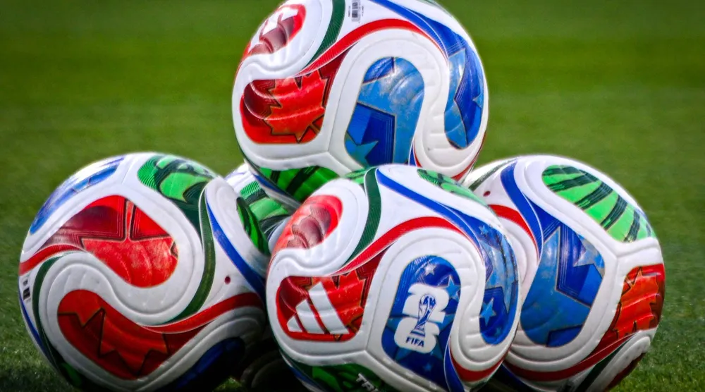  FIFA game balls are seen on the field ahead of a friendly football match between Brazil and Croatia at Camping World Stadium in Orlando, Florida, on March 31, 2026. (AFP)