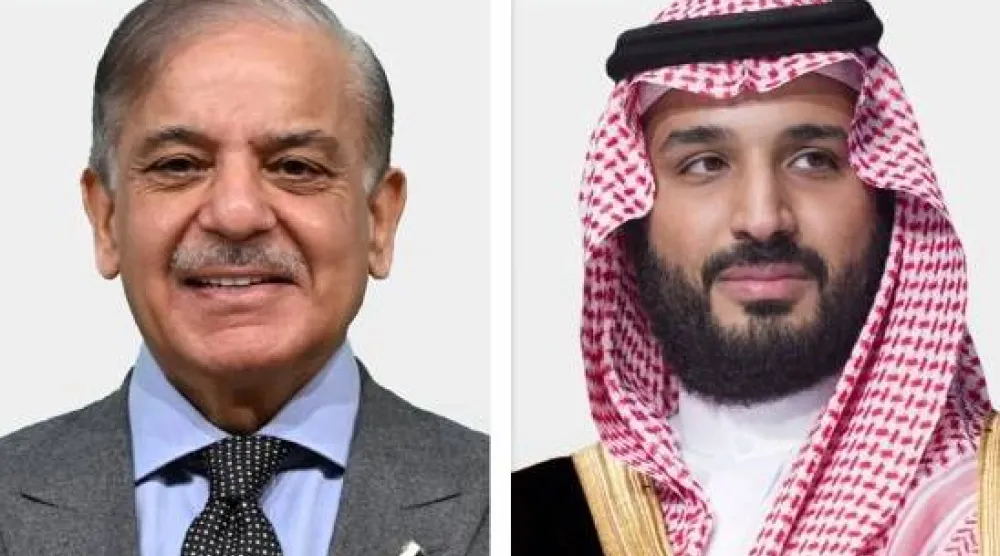 ولي العهد السعودي الأمير محمد بن سلمان ورئيس الوزراء الباكستاني محمد شهباز شريف (الخارجية السعودية)