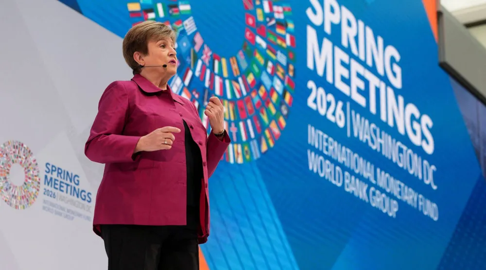 غورغييفا أثناء إلقائها كلمة قبيل اجتماعات الربيع الأسبوع المقبل (رويترز)