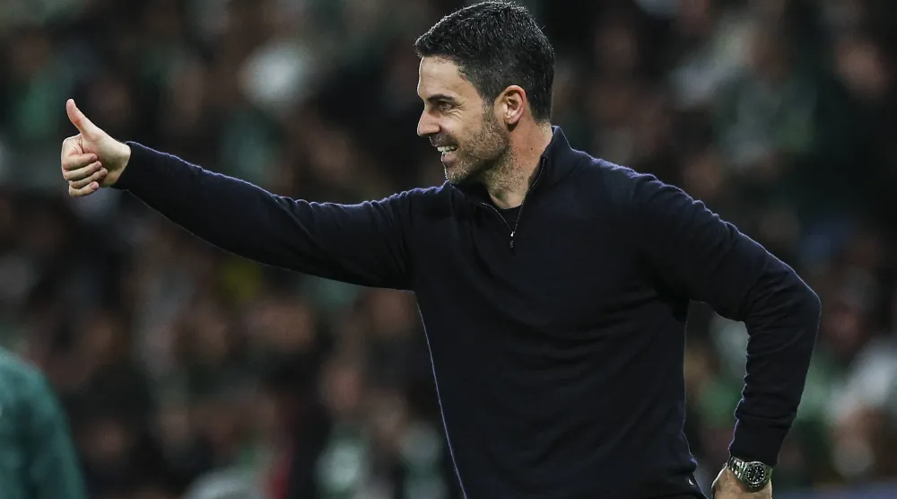 Arsenal head coach Mikel Arteta gives thumbs up during the UEFA Champions League quarter-final first leg soccer match between Sporting CP and Arsenal FC at Jose Alvalade Stadium in Lisbon, Portugal, 07 April 2026. (EPA)