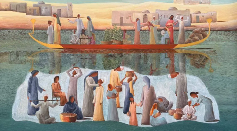 لوحات الفنانة تحمل زخماً في الألوان والشخوص والرموز (الشرق الأوسط)