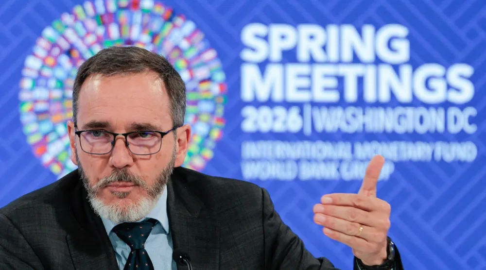 Pierre-Olivier Gourinchas, Director of IMF Research Department, speaks during an economic outlook briefing during the 2026 IMF and World Bank Group Spring Meetings in Washington, DC, on April 14, 2026. (AFP) 