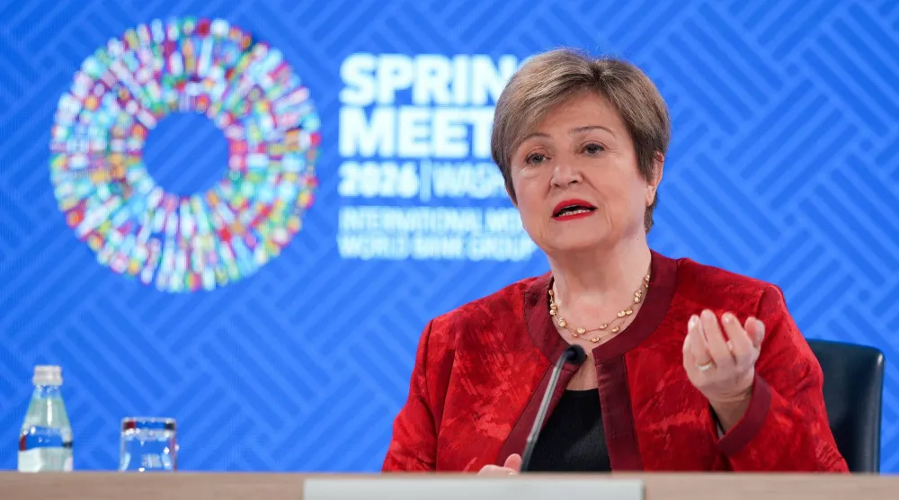 غورغييفا تتحدث في مؤتمر صحافي خلال اجتماعات الربيع في واشنطن (رويترز)