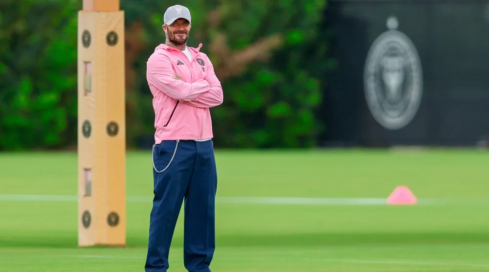 Inter Miami co-owner David Beckham attends a training session at the MLS soccer team's training facility, Wednesday, April 15, 2026, in Fort Lauderdale, Fla. (AP Photo/Chris Arjoon)