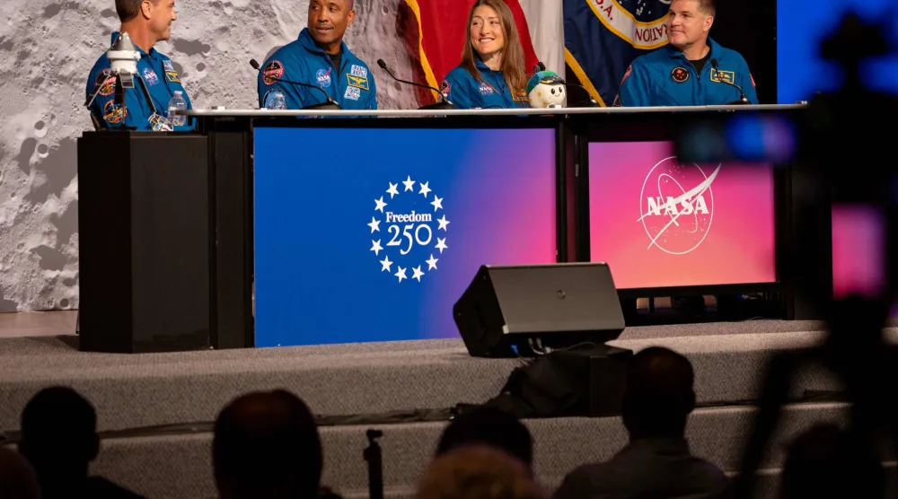 HOUSTON, TEXAS - APRIL 16: Artemis II Commander Reid Wiseman, Pilot Victor Glover, Mission Specialist Christina Koch, and Mission Specialist Jeremy Hansen speak during a press conference at the NASA Johnson Space Center on April 16, 2026 in Houston, Texas. Danielle Villasana/Getty Images/AFP