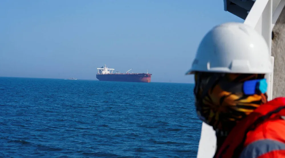 The Malta-flagged tanker Agios Fanourios I, an oil tanker that sailed through the Strait of Hormuz, arrives in Iraq’s territorial waters off Basra, Iraq April 17, 2026. (Reuters) 