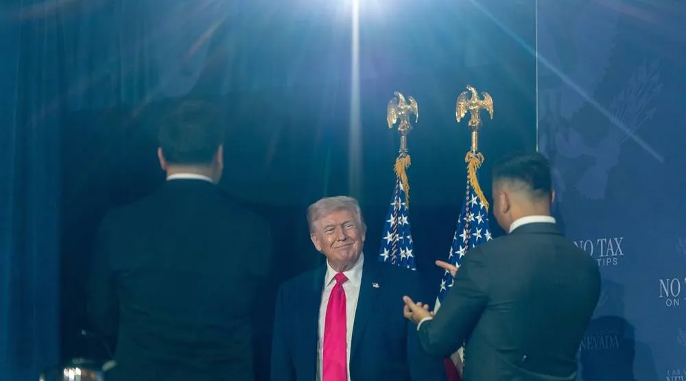  President Donald Trump arrives for a roundtable event about no tax on tips, Thursday, April 16, 2026, in Las Vegas. (AP) 
