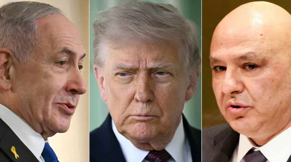 صورة مركبة للرئيس الأميركي دونالد ترمب في الوسط وعلى يمينه الرئيس اللبناني جوزيف عون وعلى يساره رئيس الوزراء الإسرائيلي بنيامين نتنياهو (أ.ف.ب)