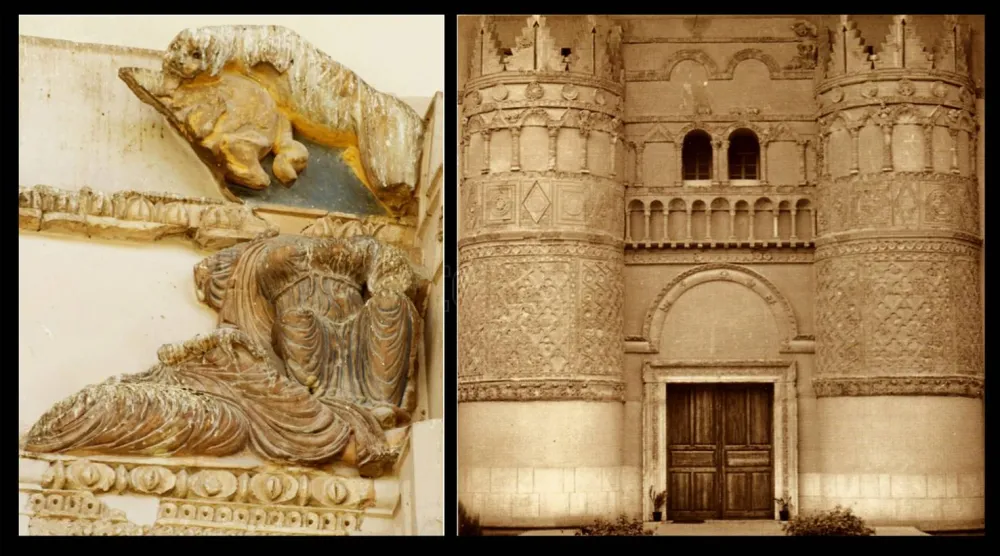 واجهة قصر الحير الغربي مع تفصيل يكشف عن بعض من عناصره التصويرية