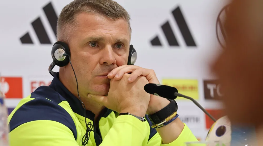 Ukraine national soccer team head coach Serhiy Rebrov attends a press conference in Herzogenaurach, Germany, 02 June 2024. EPA/RONALD WITTEK