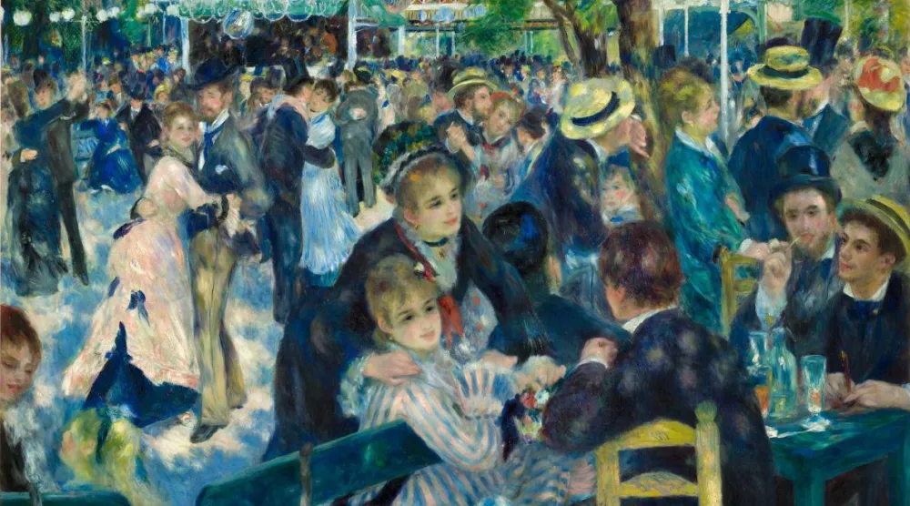 في لوحاته عن الحفلات التي كانت تقام في الهواء الطلق يجسد رينوار الرقة في التعاملات ورغد العيش (متحف أورساي)