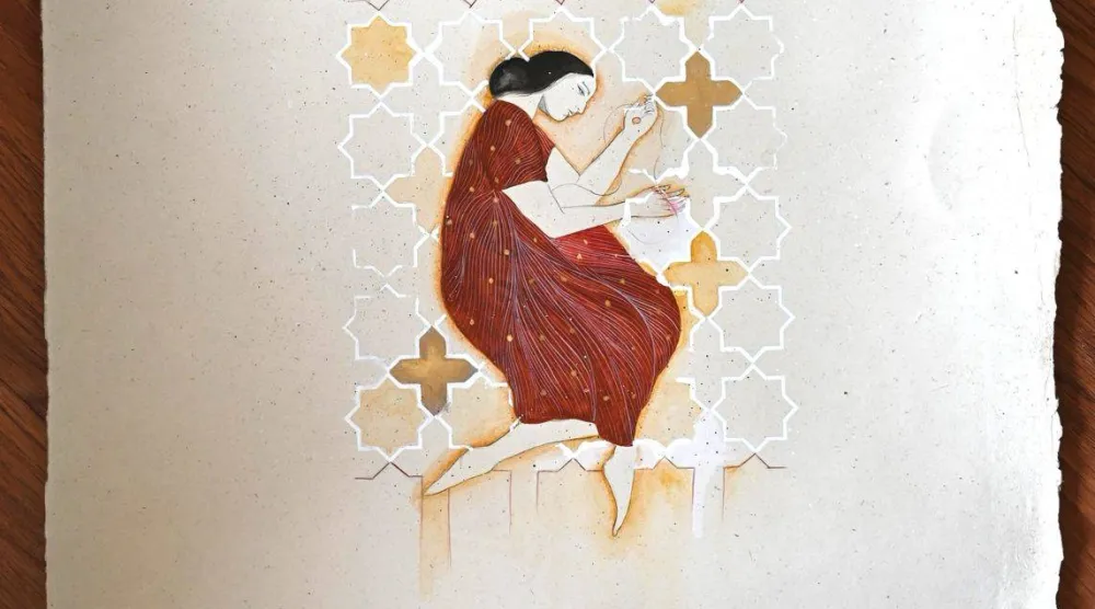 من أعمال الفنانة السعودية سارة العبدلي في معرض «مهد الأسطورة» (حافظ غاليري)