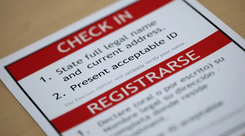 من إجراءات تسجيل الناخبين خلال عملية الاقتراع في أرلينغتون بولاية فرجينيا (أ.ف.ب)