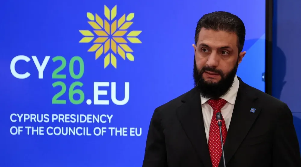 Suriye Cumhurbaşkanı Ahmed eş-Şara, dün Lefkoşa’da düzenlenen basın toplantısında (Reuters)