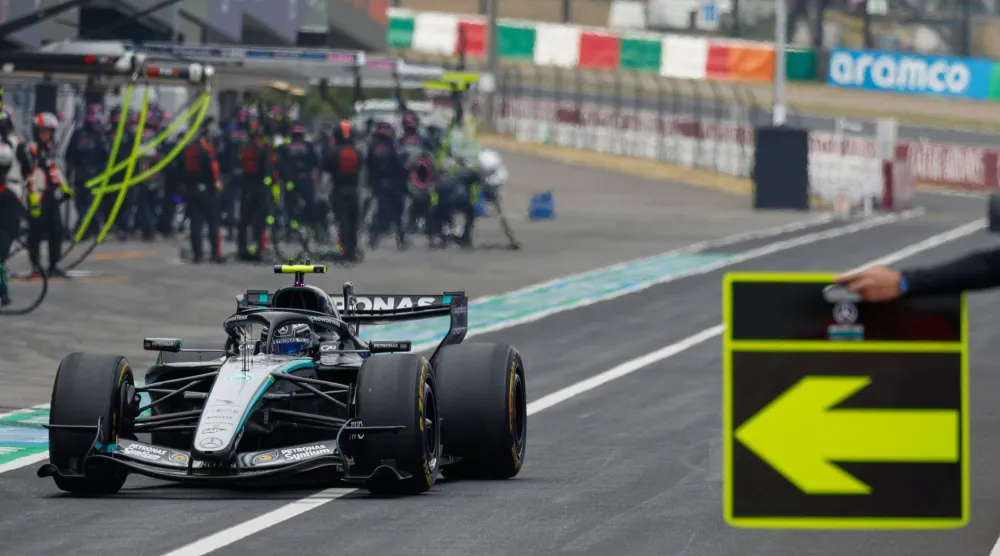 FILE - Mercedes driver Kimi Antonelli of Italy steers his car in pit lane during the Japanese Formula One Grand Prix in Suzuki, Japan, Sunday, March 29, 2026. (Franck Robichon⁩/Pool Photo via AP, File)