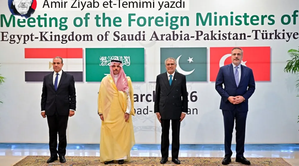 Pakistan Dışişleri Bakanı İshak Dar, Türkiye Dışişleri Bakanı Hakan Fidan, Suudi Arabistan Dışişleri Bakanı Faysal bin Ferhan ve Mısır Dışişleri Bakanı Bedir Abdulati, İslamabad'daki Dışişleri Bakanlığı binasında yapılacak toplantı öncesinde, 29 Mart 2026 (AFP)