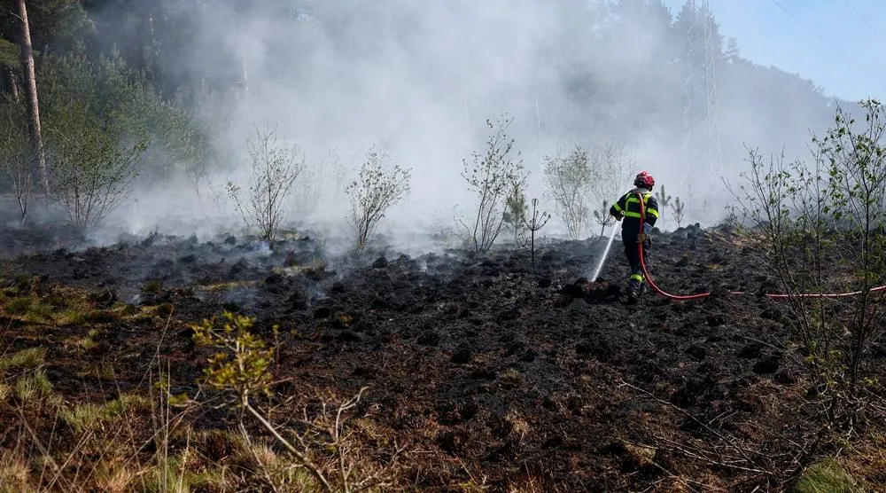 A French firefighter douses burning vegetation during a bushfire in Budel, Netherlands May 1, 2026. (Reuters) 