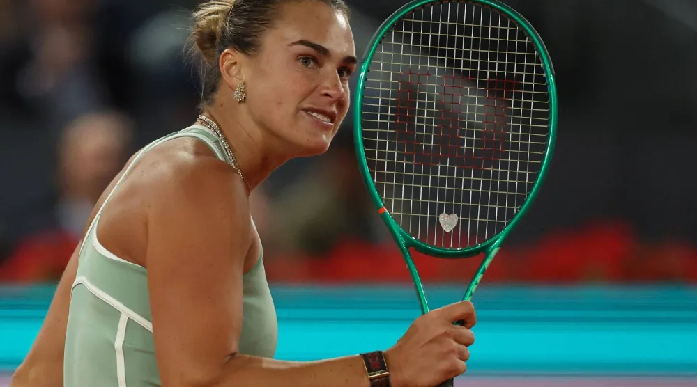 Tennis - Madrid Open - Park Manzanares, Madrid, Spain - April 28, 2026 Belarus' Aryna Sabalenka reacts during her quarterfinal match against Hailey Baptiste of the US. (Reuters)