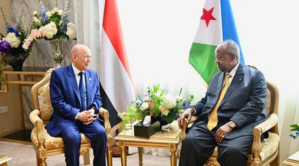 العليمي خلال مباحثاته مع الرئيس الجيبوتي إسماعيل عمر جيله في جيبوتي (إعلام حكومي)