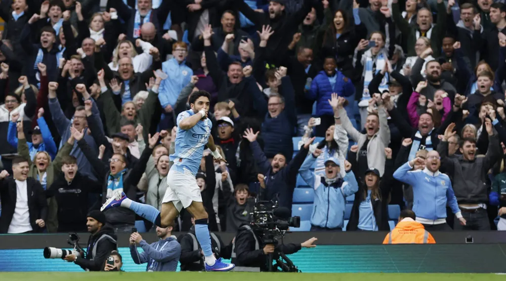 Football - Premier League - Manchester City v Brentford - Etihad Stadium, Manchester, Britain - May 9, 2026 Manchester City's Omar Marmoush celebrates scoring their third goal. (Action Images via Reuters)