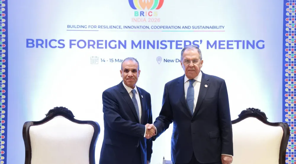 وزير الخارجية المصري خلال لقائه نظيره الروسي في نيودلهي الجمعة (وزارة الخارجية المصرية)