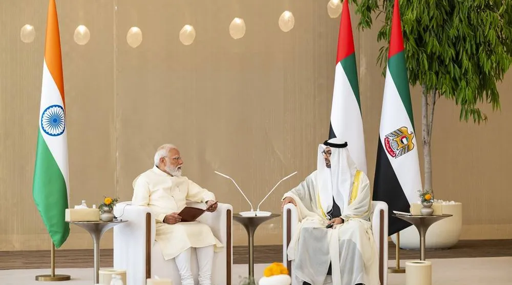 UAE President Sheikh Mohamed bin Zayed Al Nahyan and Indian Prime Minister Narendra Modi meet in Abu Dhabi on Friday. (WAM)