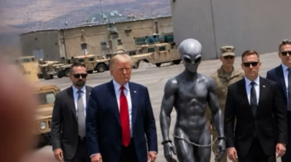 Trump’ın paylaştığı ve elleri bağlı bir uzaylıyla birlikte görüldüğü fotoğraf
