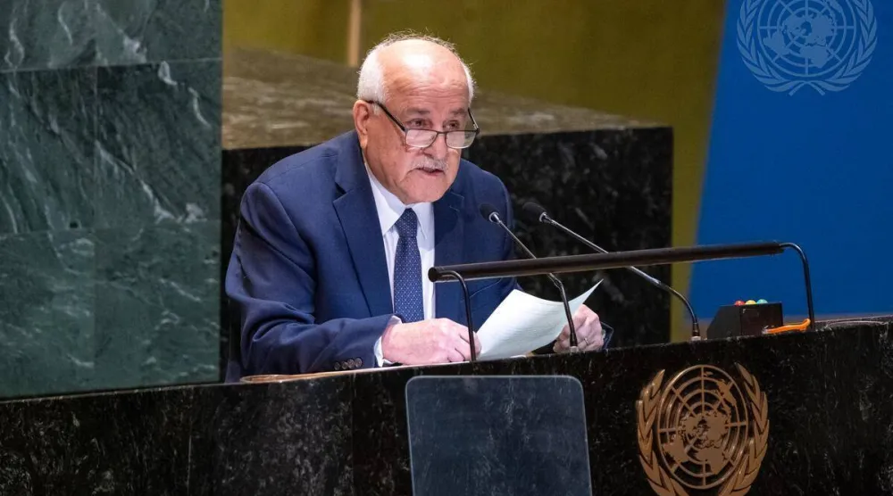 المندوب الفلسطيني لدى الأمم المتحدة رياض منصور خلال كلمة في الجمعية العامة للأمم المتحدة (الأمم المتحدة)