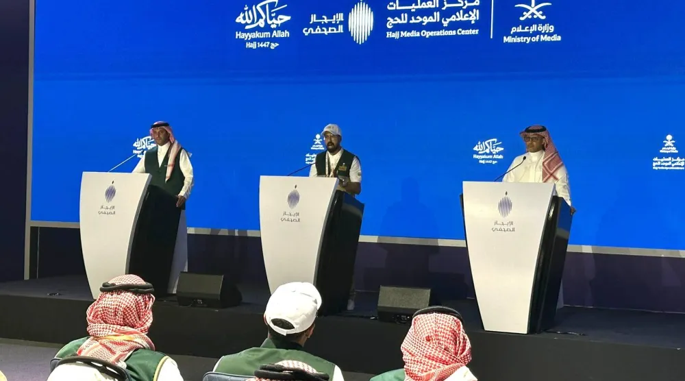 جانب من الإيجاز الصحافي بمقر «ملتقى إعلام الحج» في مكة المكرمة الأحد (الشرق الأوسط)