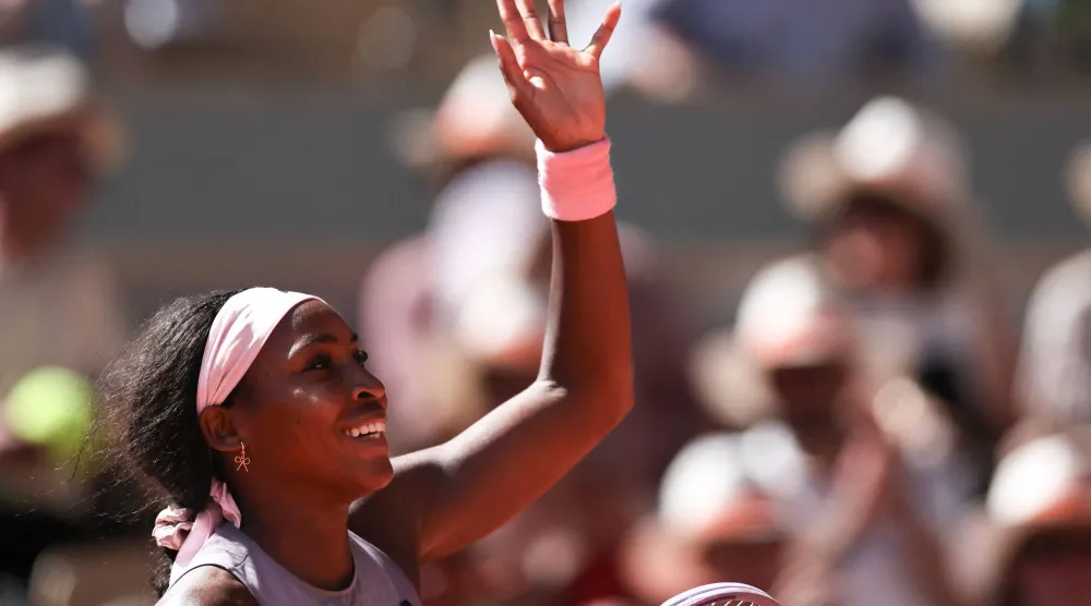 US Coco Gauff celebrates after winning against US Taylor Townsend at the end of their women's singles match on day 3 of the French Open tennis tournament on Court Philippe-Chatrier at the Roland-Garros Complex in Paris on May 26, 2026. (AFP)