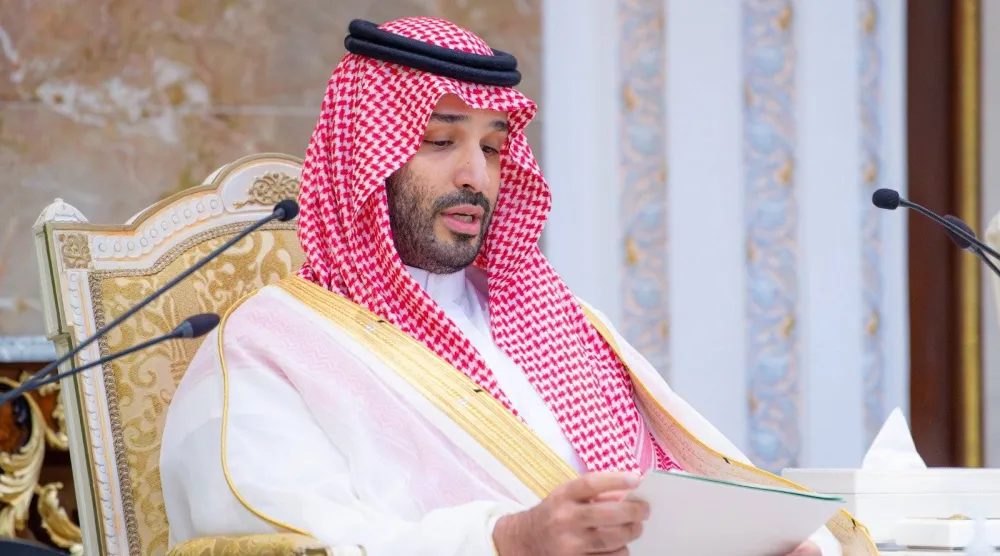 ولي العهد السعودي الأمير محمد بن سلمان لدى إلقائه الكلمة خلال حفل الاستقبال (واس)