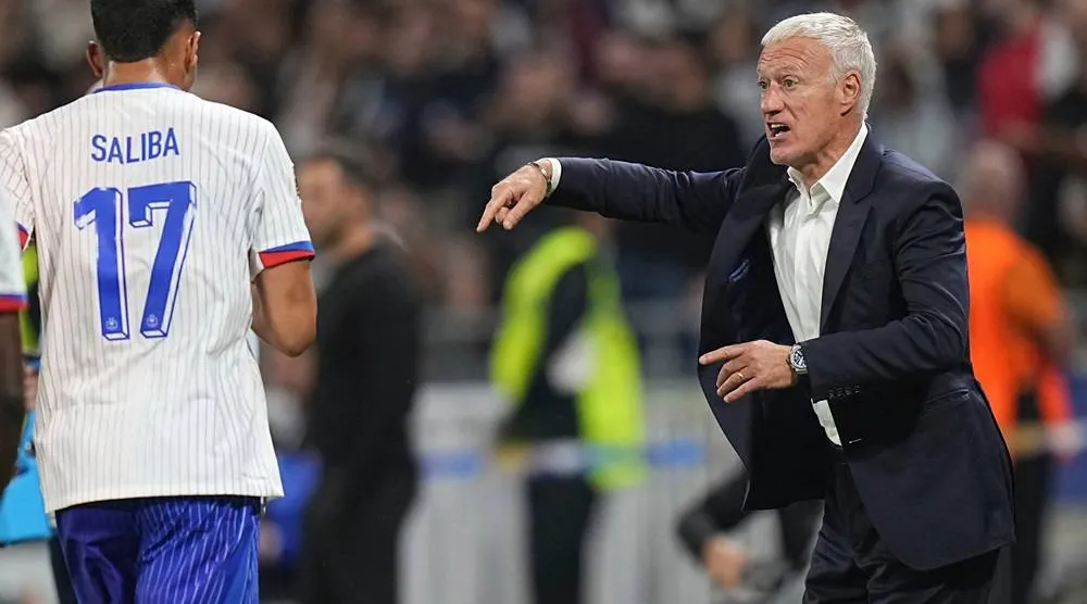 France head coach Didier Deschamps, right, instructs his players after their second goal during the UEFA Nations League match between France and Belgium at the Groupama stadium in Decines, outside Lyon, France, Monday, Sept. 9, 2024. (AP)