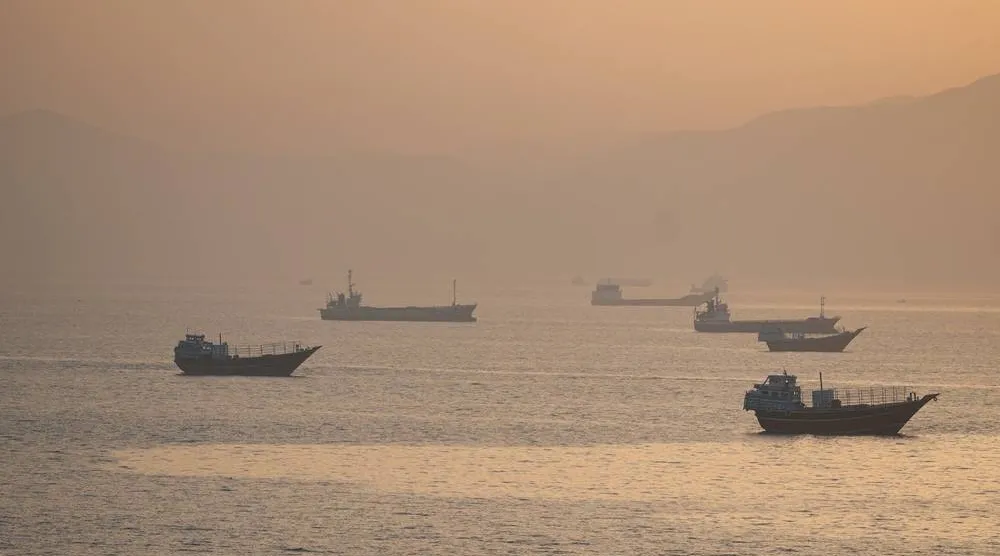  Vessels anchored at the Strait of Hormuz, as seen from Musandam, Oman, May 30, 2026. (Reuters)