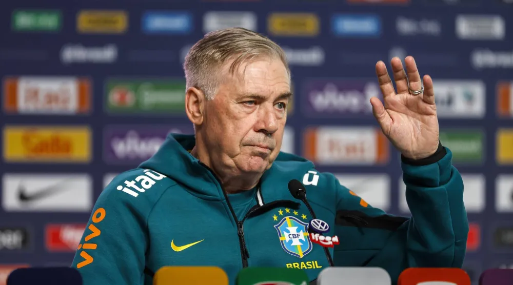 Brazilian national soccer team coach Carlo Ancelotti speaks at a press conference at Granja Comary in Teresopolis, Brazil, 30 May 2026.  EPA/Antonio Lacerda