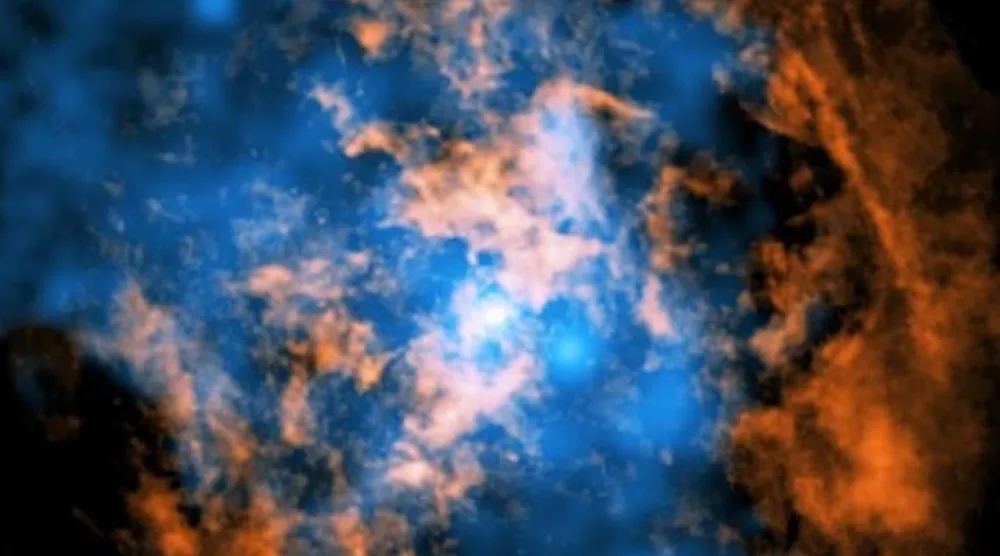 Gökbilimciler, galaksimizin merkezindeki süper kütleli kara delik Sagittarius A* ile ilgili uzun süredir çözülemeyen bir gizemi aydınlattıklarını söylüyor. Bu bileşik görüntüde ortadaki beyaz nokta kara deliği gösterirken, turuncu ve mavi bölgeler çevresindeki gazı ve X-ışını verilerini temsil ediyor. Turuncu bölgede görülen koni biçimli boşluk ise araştırmanın temel bulgusu (X-ışını: NASA/CXC/Northwestern Uni./M. Gorski; Radyo: ESO/NAOJ/NRAO/ALMA; Görüntü işleme: NASA/CXC/SAO/K. Arcand ve P. Edmonds)
