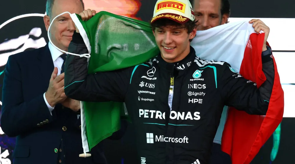  Formula One F1 - Monaco Grand Prix - Circuit de Monaco, Monaco - June 7, 2026 Mercedes' Andrea Kimi Antonelli celebrates on the podium after winning the Monaco Grand Prix. (Reuters)