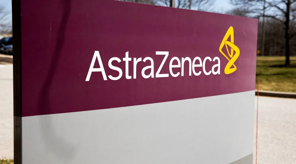 The logo for AstraZeneca is seen outside its North America headquarters in Wilmington, Delaware, US, March 22, 2021. (Reuters)