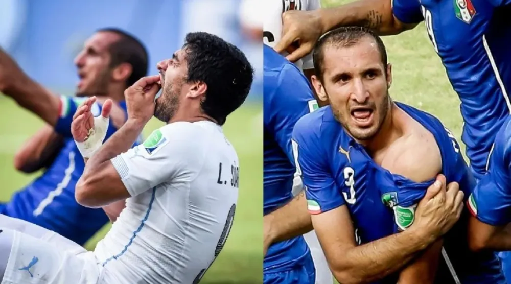 سواريز في دور المجموعات ضد إيطاليا قام بـ«عض» كتف المدافع جورجو كييليني بلا رحمة (أ.ب)