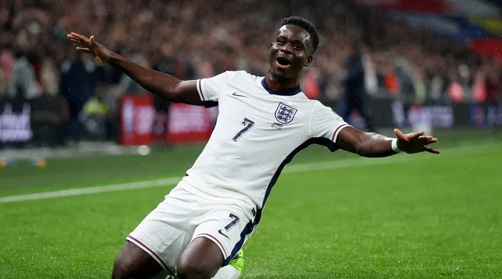 Football - World Cup - UEFA Qualifiers - Group K - England v Serbia - Wembley Stadium, London, Britain - November 13, 2025 England's Bukayo Saka celebrates scoring their first goal. (Reuters)