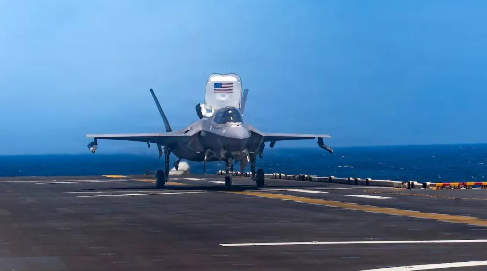 
An F-35B Lighting II, attached to Marine Fighter Attack Squadron (VMFA) 121, prepares to take off from the flight deck of America-class amphibious assault ship USS Tripoli (LHA 7), May 13, 2026. (US Navy photo)
