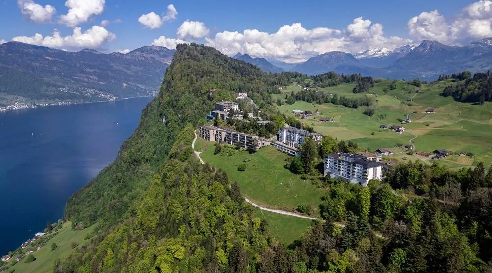 An aerial picture taken on May 10, 2024 shows the Burgenstock resort above Lake Lucerne. (AFP)